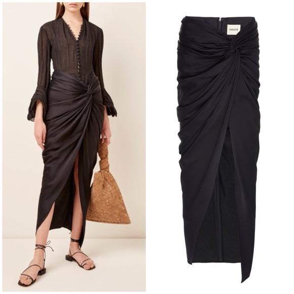 KHAITE Dresses & Skirts - KHAITE Louie Gathered Satin Sarong Midi Skirt Black MSRP $820 Womens 4